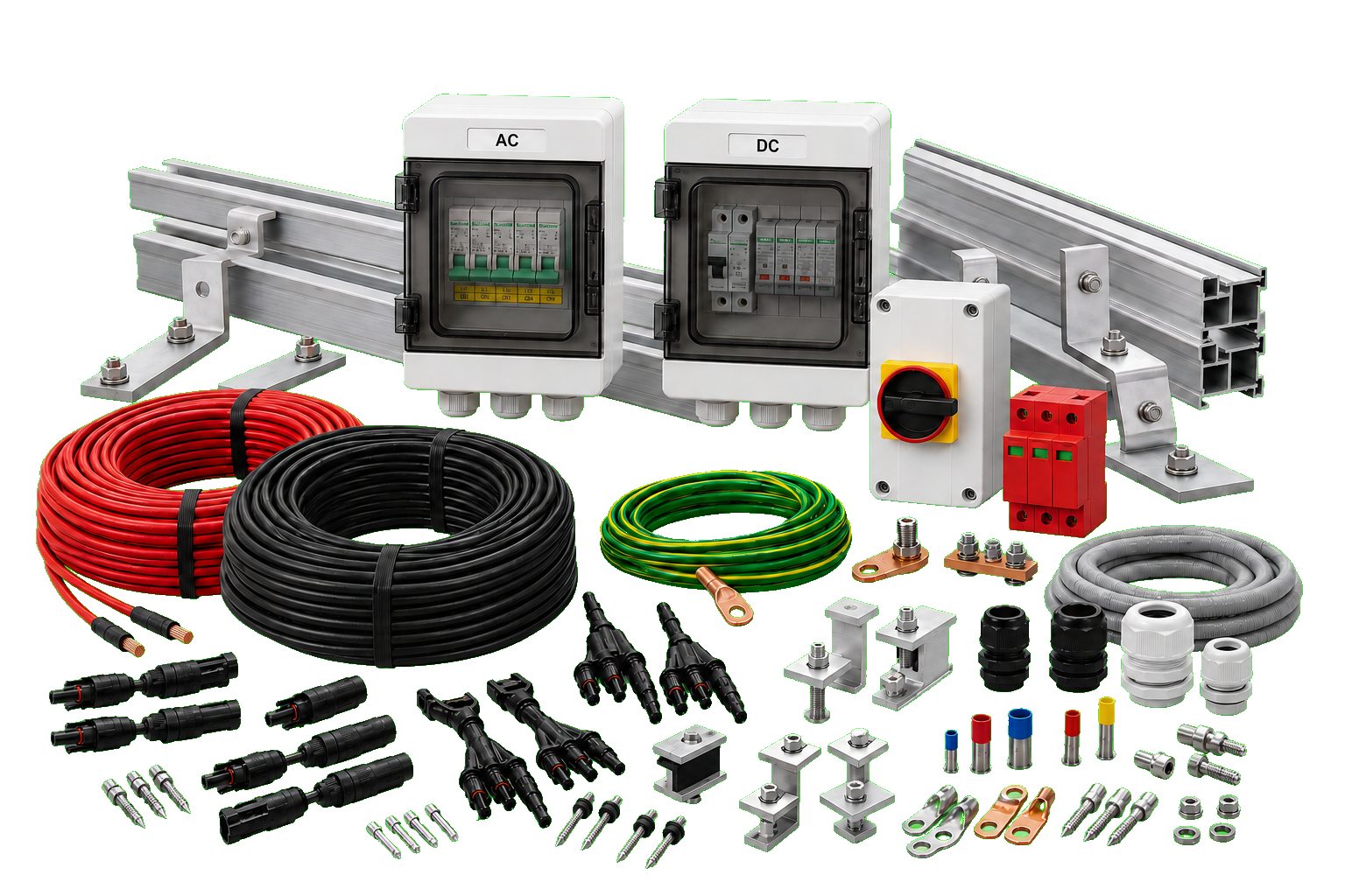 Componentes para instalar sistemas solares: protecciones, cables, conectores y estructuras